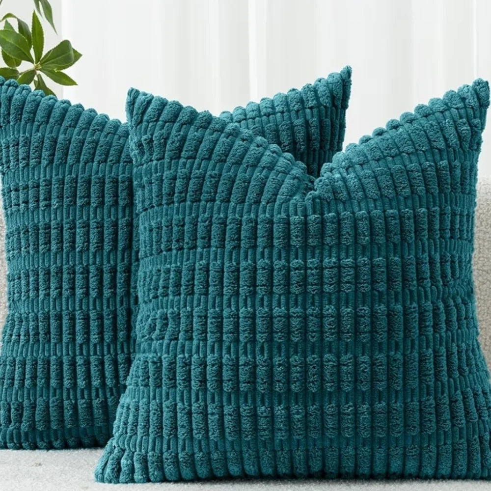 Set Of 2 Teal Textured Corduroy Accent Pillow Covers Size 24 X 24
